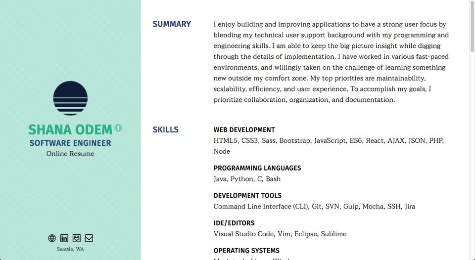 Desktop view of my online resume.